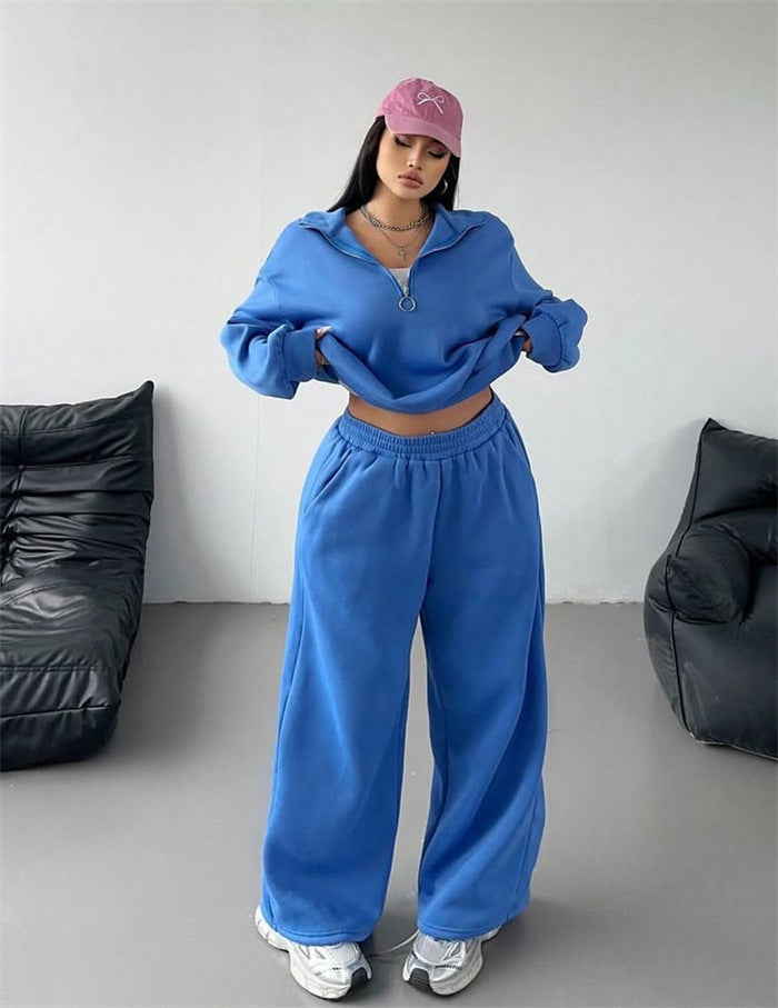 Damen Samt-Cropped-Ziphoodie und weit geschnittene High-Waist Palazzo-Jogginghose Drune