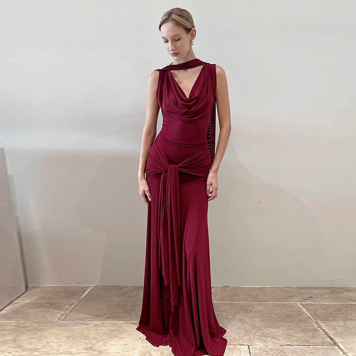 Damen schulterfreies Wickelmaxikleid mit drapiertem Oberteil und seitlichem Bindegürtel Drune