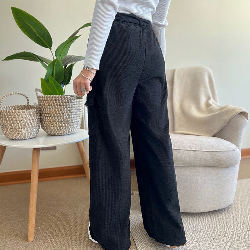 Damen Weite High-Waist-Hose mit Stoffgürtel und Cargo-Taschen Drune