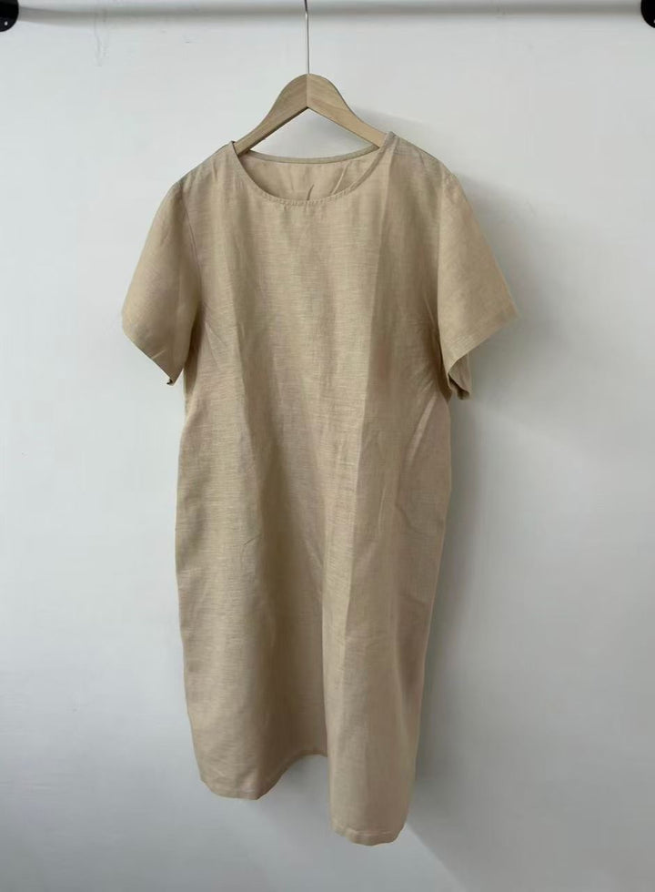 Damen Lässig Kurzarm Leinenkleid Drune