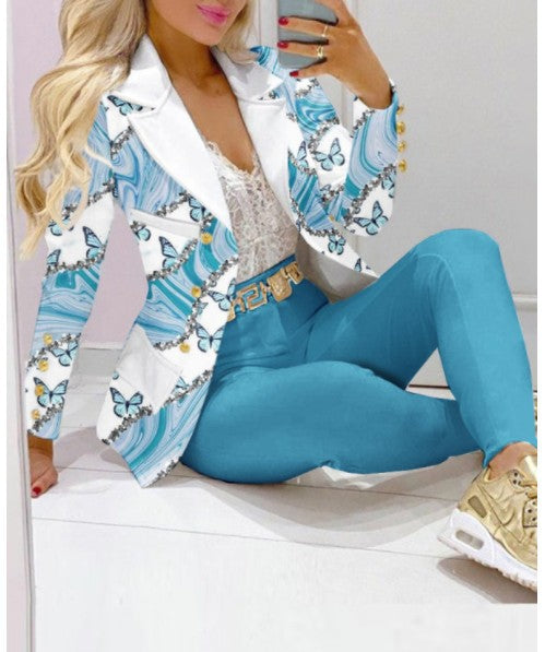 Damen Zweiteiliges Blazer-und-Hose-Set mit Schmetterlingsprint und glamourösem Glitzereffekt Drune