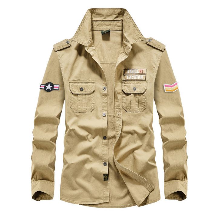 Herren nan militärisches Langarm-Utility-Hemd mit aufgesetzten Brusttaschen, Schulterklappen und dekorativen Stickpatches Drune