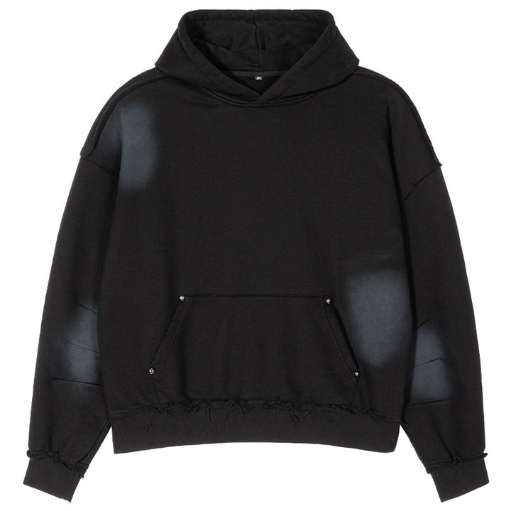 Herren Boxy-Kapuzenpullover mit abgenutztem Saum, Nieten-Kängurutasche und verwaschenem Fleckeneffekt Drune