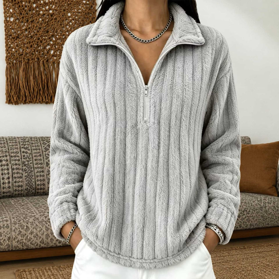 Damen Kuscheliger Plüsch-Halfzip-Pullover mit Stehkragen Drune