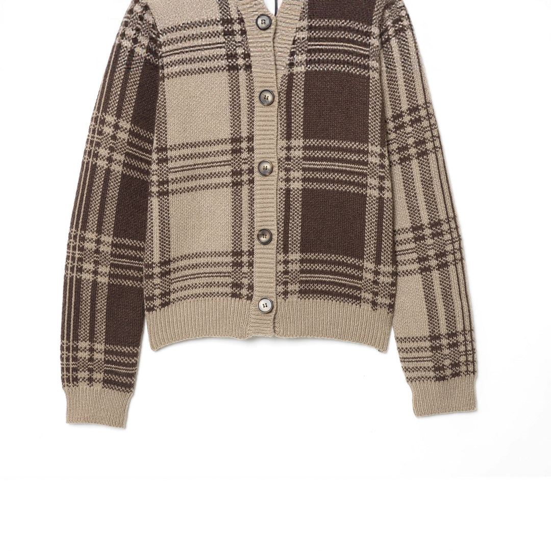 Damen nan kastige Karostruktur-Strickjacke mit Hornknopf‑Front und tailliertem Rippbund Drune