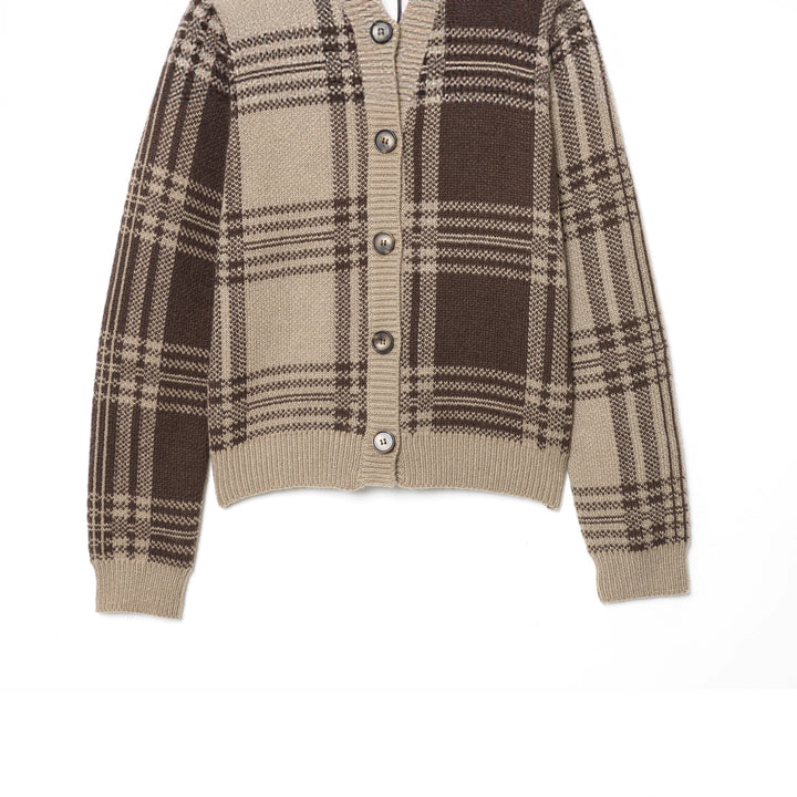 Damen nan kastige Karostruktur-Strickjacke mit Hornknopf‑Front und tailliertem Rippbund Drune