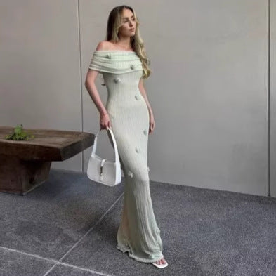 Damen Elegantes Maxikleid mit Off-Shoulder-Design und zarten 3D-Blütenapplikationen Drune
