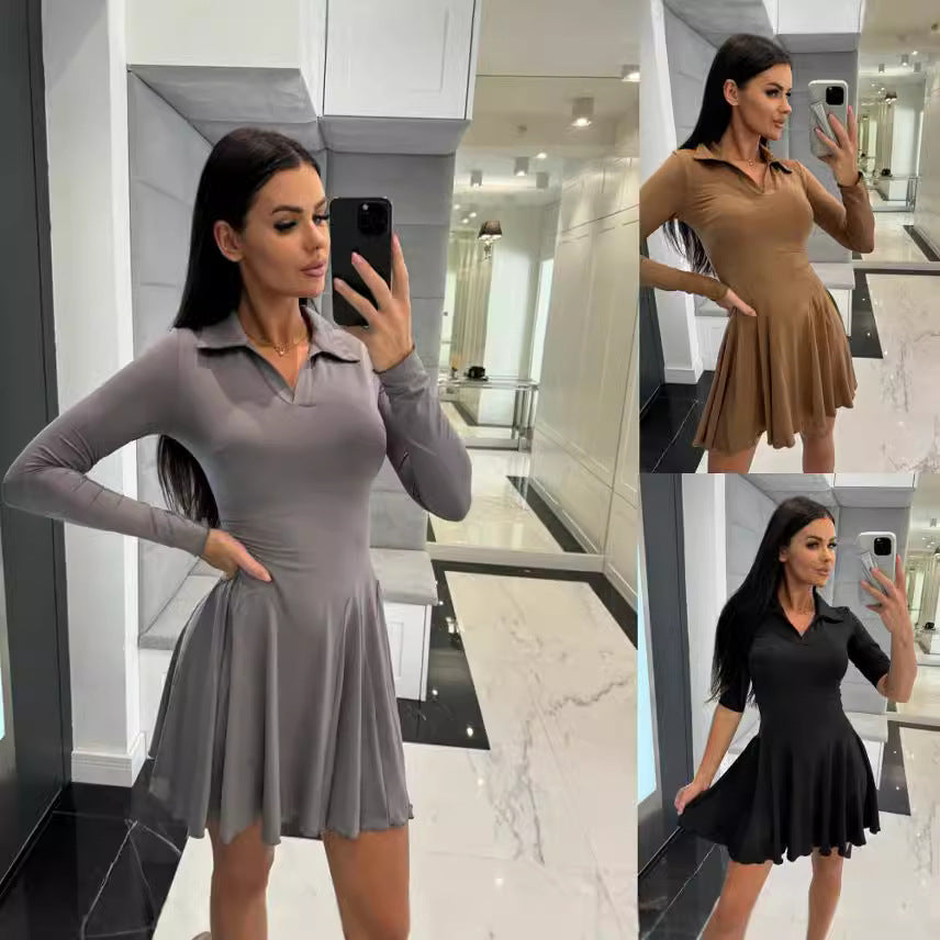 Damen Sportliches Polo-Kleid mit schwingendem Rock und langen Ärmeln Drune
