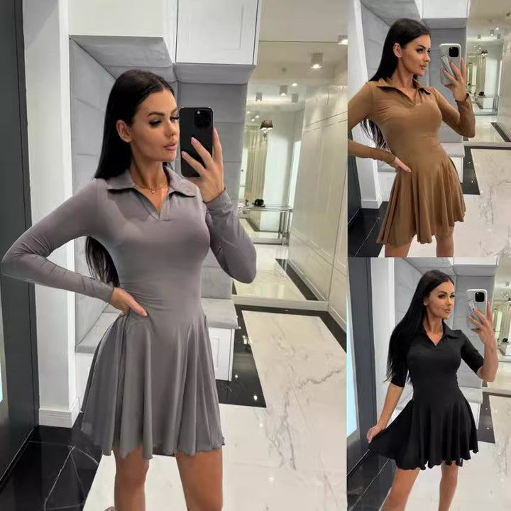 Damen Sportliches Polo-Kleid mit schwingendem Rock und langen Ärmeln Drune