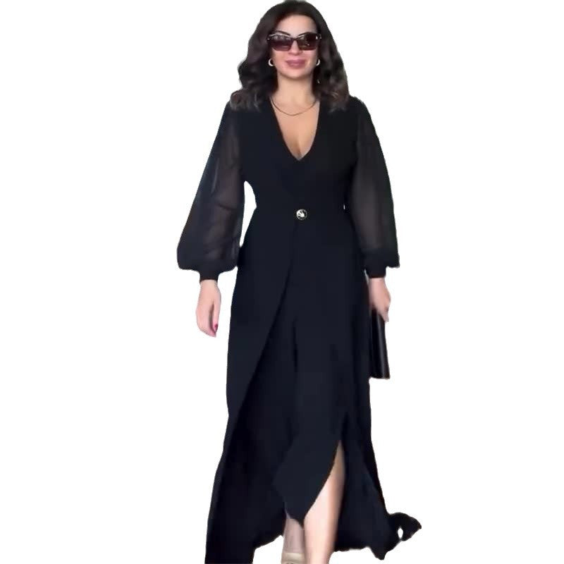 Damen nan elegantes Wickel-Maxikleid mit taillierter Drapage, transparenten Ballonärmeln und Zierknopf Drune