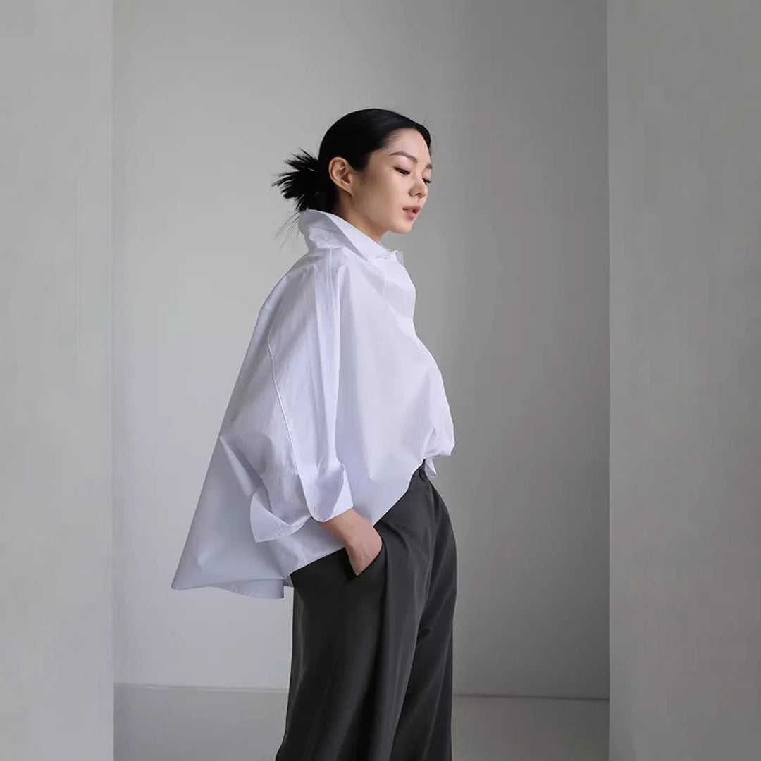 Damen Oversize-PopelinDruneluse mit Fledermausärmeln und verdeckter Knopfleiste Drune