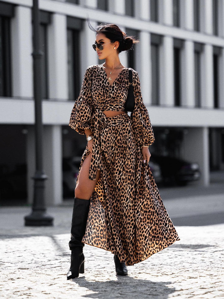 Damen Wickelmaxikleid mit festem Taillengürtel und raffinierten Volantärmeln Drune