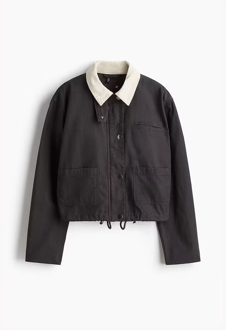 Damen Cropped Übergangsjacke im Workwear‑Look mit Cordkragen, Druckknopfleiste und Tunnelzug Drune