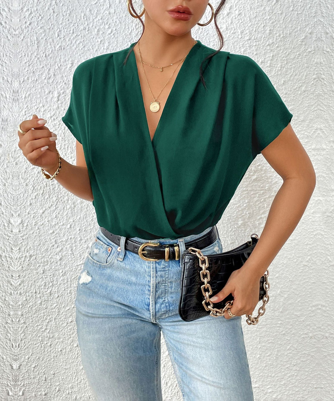 Damen Blusenshirt mit eleganter Wickeloptik und kurzen Ärmeln Drune