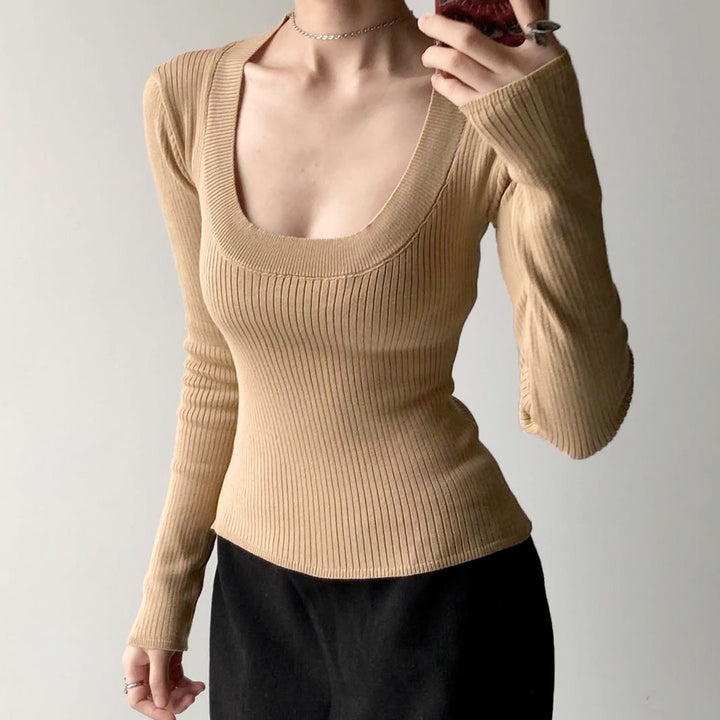 Damen Enganliegendes geripptes Langarmshirt mit tiefem U-Ausschnitt Drune