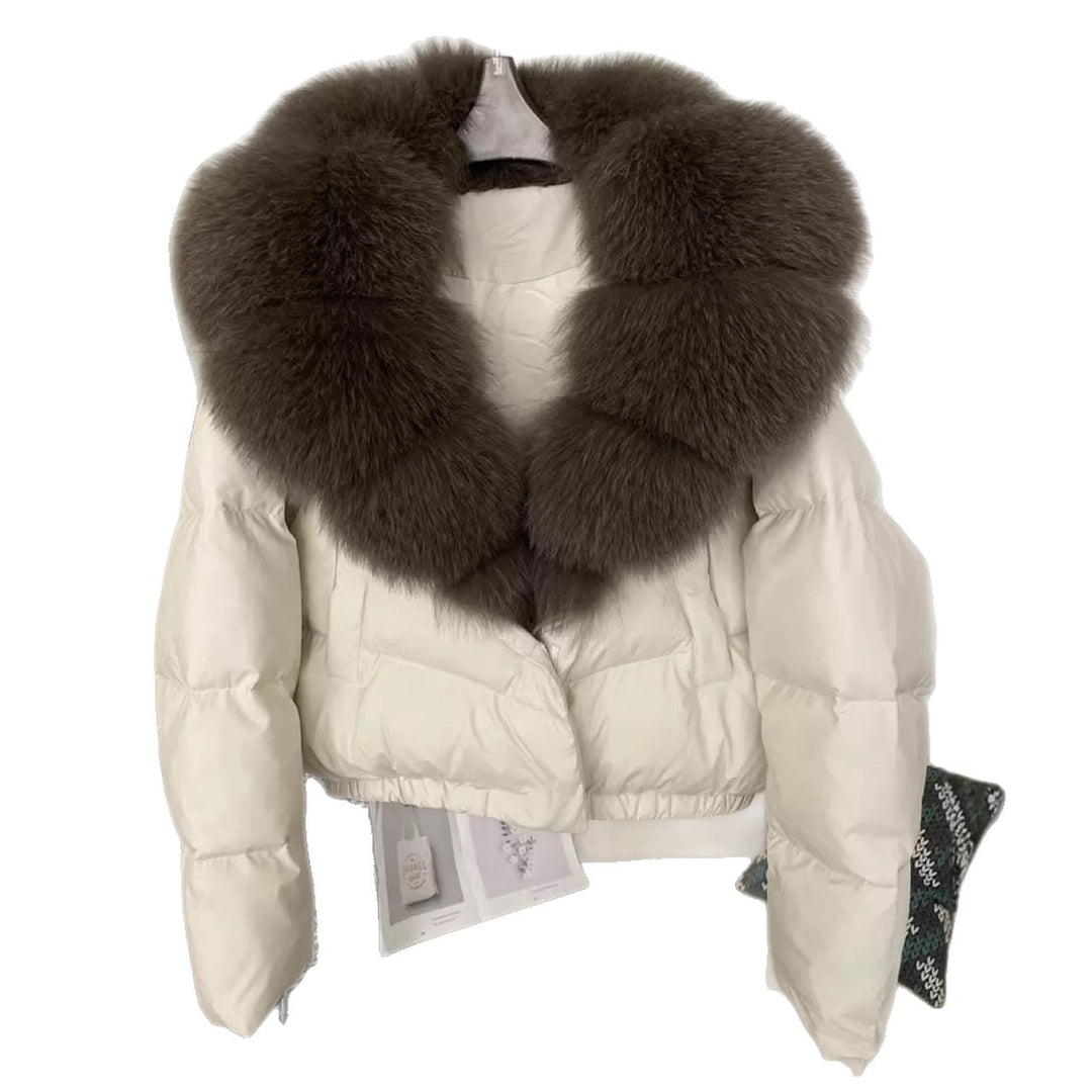 Damen nan kurz geschnittene Boxy-Pufferjacke mit extra großem Webpelzkragen und formstabilem Saum Drune