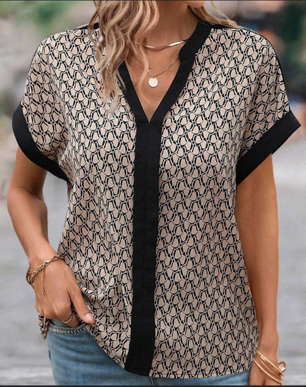 Damen nan leichte kastige Bluse in Krepp-Optik mit V-Ausschnitt und Kontrastpaspel Drune