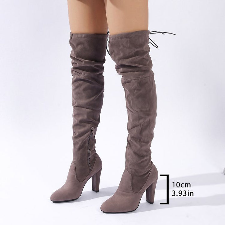 Damen Overknee-Stiefel aus Veloursleder mit hohem Blockabsatz und seitlichem Reißverschluss Drune
