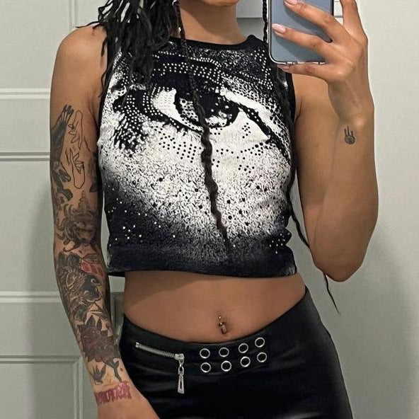 Damen Cropped Tanktop mit strahlendem Augenmotiv und glitzernden Akzenten Drune