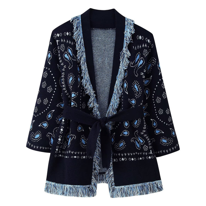 Damen Fransen-Kimono-Cardigan mit Paisley-Jacquard und Bindegürtel Drune