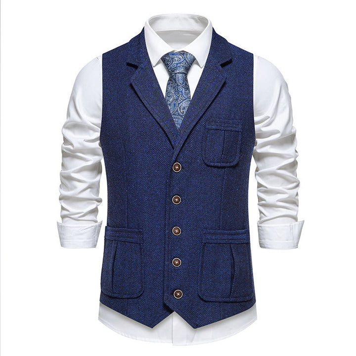 Herren Tweed-Weste mit Fischgrätmuster, Reverskragen und Pattentaschen Drune