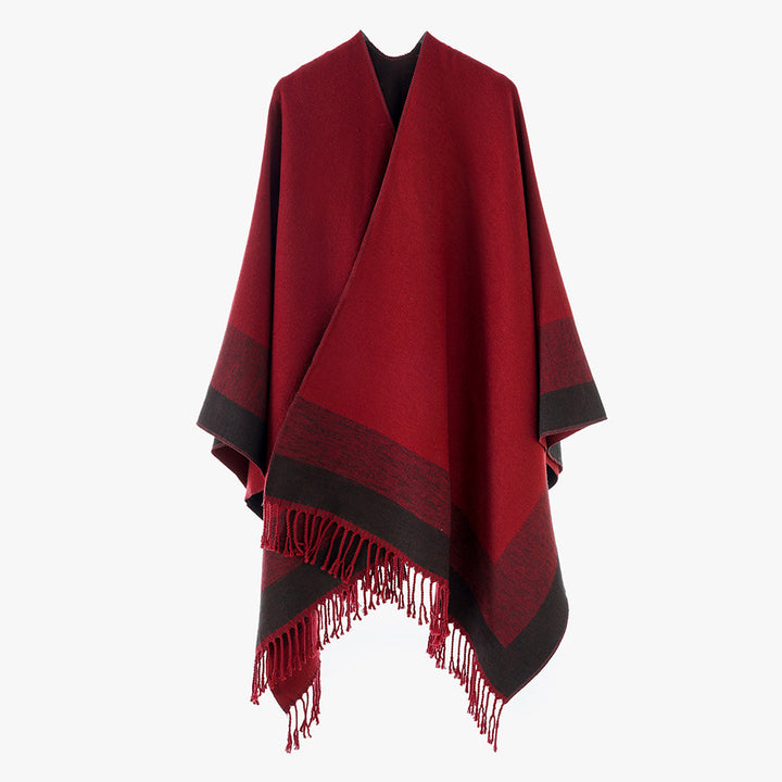 Damen Wollmix-Capeponcho mit kontrastierter Kante, großem Oversize-Fall und Fransensaum Drune