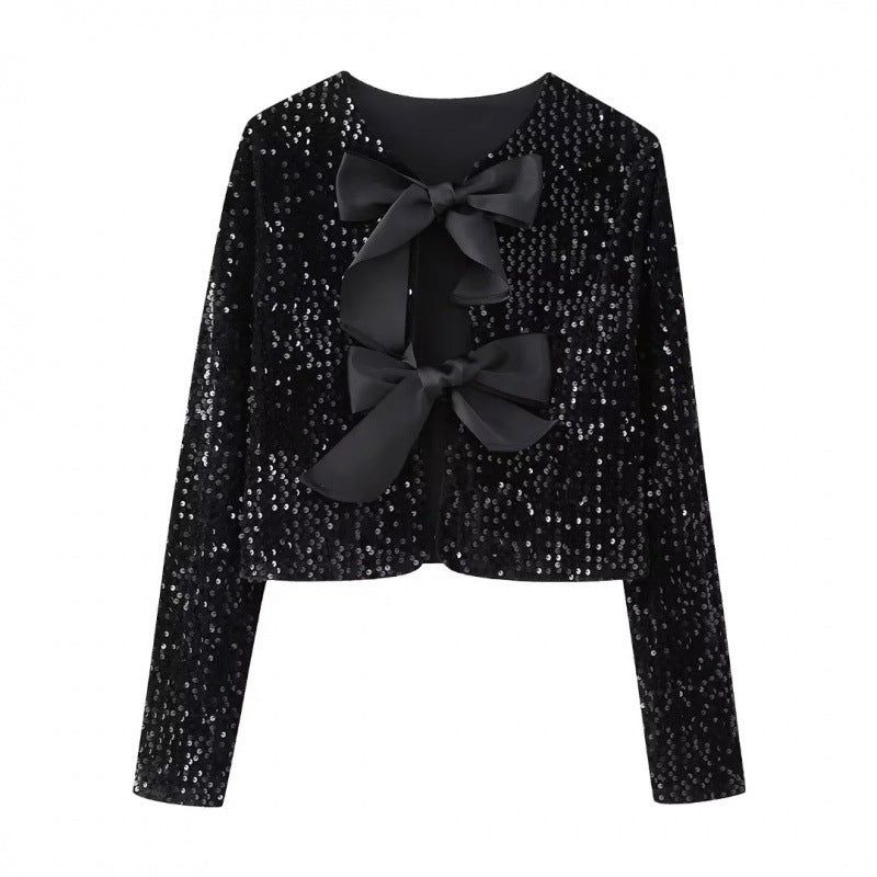 Damen Pailletten-Bolerojacke mit dekorativen Satin-Schleifen Drune