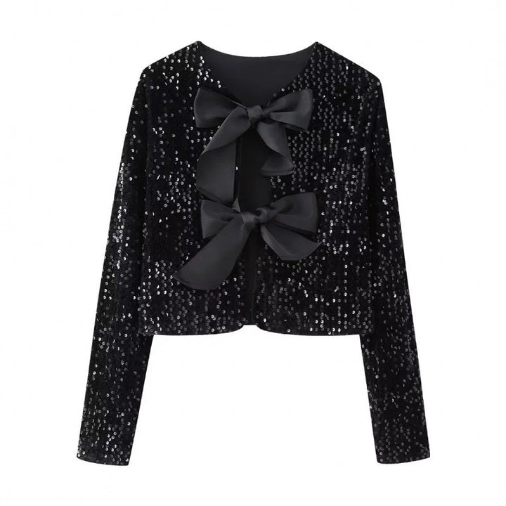 Damen Pailletten-Bolerojacke mit dekorativen Satin-Schleifen Drune