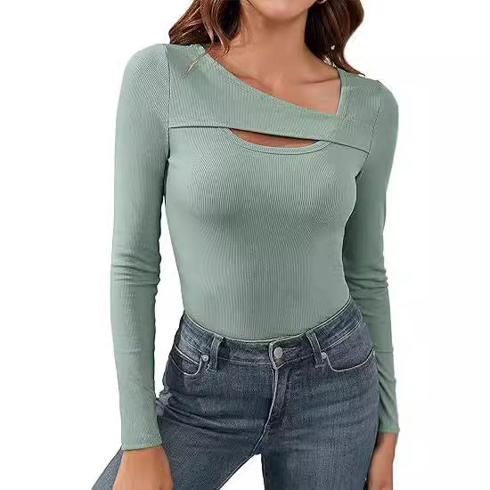 Damen Geripptes Langarmshirt mit asymmetrischem Carmenausschnitt und Brust-Cut-Out Drune