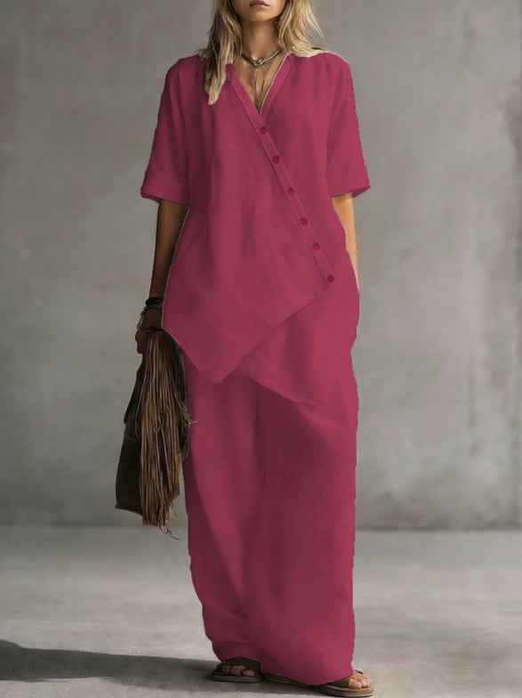 Damen Leinen-Zweiteiler mit asymmetrischer Knopfleiste und weiter Palazzo-Hose Drune
