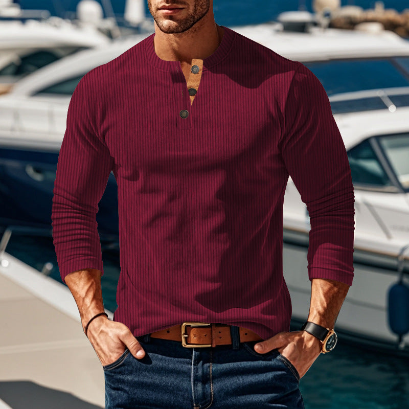 Herren nan geripptes Langarm-Henleyshirt mit Stehkragen und verdeckter Knopfleiste aus atmungsaktivem Jersey Drune