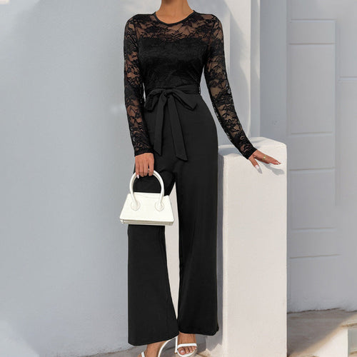 Damen Eleganter Jumpsuit mit Spitzenoberteil und tailliertem Bund Drune