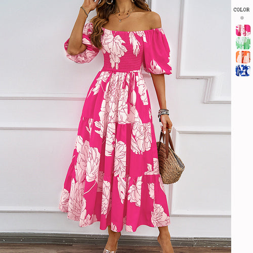 Damen Off-Shoulder Maxikleid mit voluminösen Ärmeln und print Drune