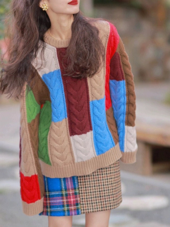 Damen Grobstrickpullover mit auffälligem Patchwork-Muster Drune