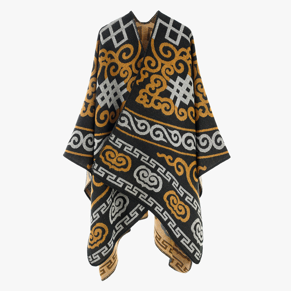 Damen Oversize-Jacquard-Umhang mit ethno-inspiriertem Ornamentmuster Drune