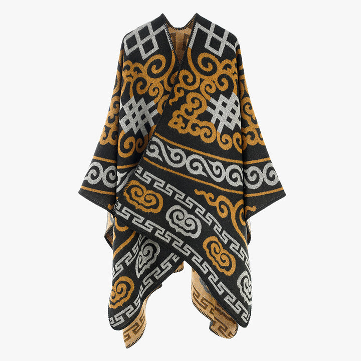 Damen Oversize-Jacquard-Umhang mit ethno-inspiriertem Ornamentmuster Drune