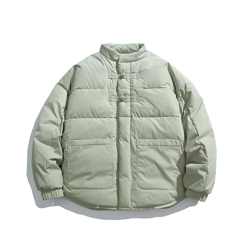 Unisex Boxy wattierte Stehkragenjacke mit chinesischen Knebelverschlüssen und großen Fronttaschen Drune