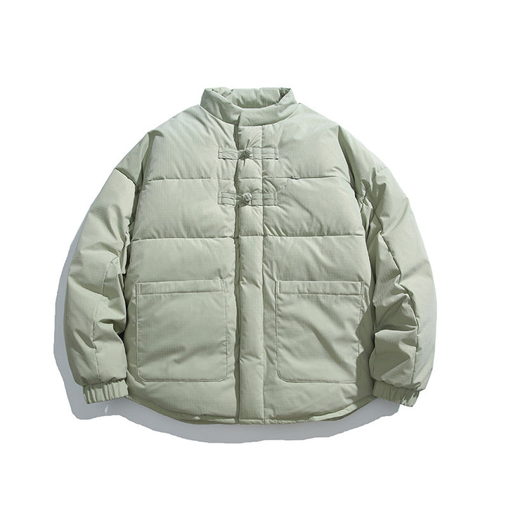 Unisex Boxy wattierte Stehkragenjacke mit chinesischen Knebelverschlüssen und großen Fronttaschen Drune