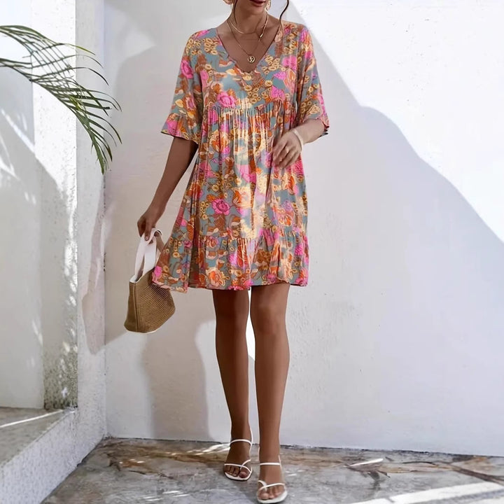 Damen Freizeitkleid mit V-Ausschnitt und fließendem Schnitt Drune