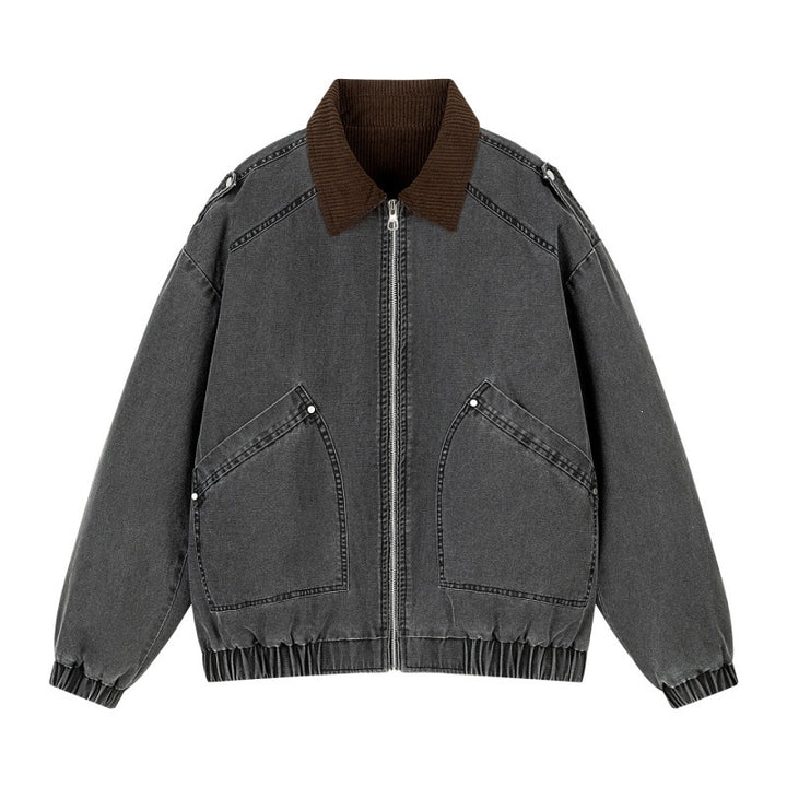 Herren Oversize Denim‑Bomberjacke mit Rippenkragen, elastischem Saum & schrägen Pattentaschen Drune