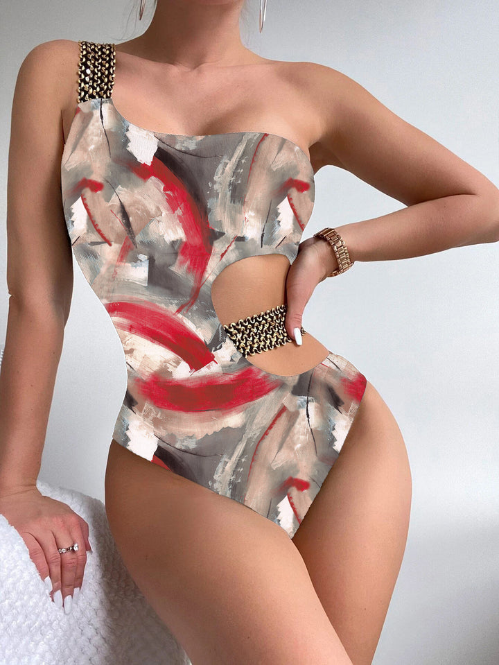 Damen Einteiliger Designer-Badeanzug mit asymmetrischem Schnitt und modischem Trägerriemen Drune