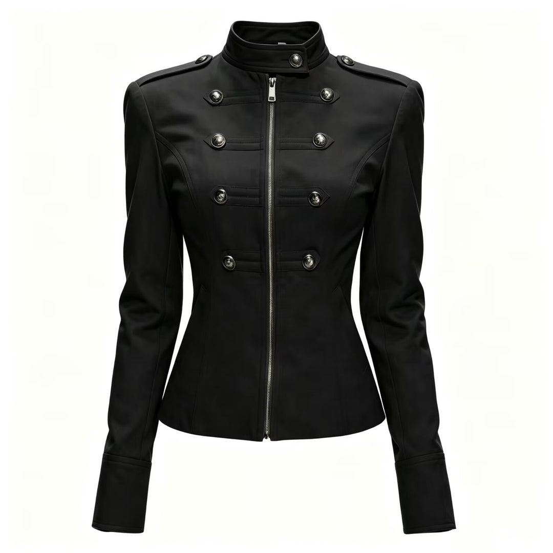 Damen Taillierte Military‑Inspired Jacke mit Stehkragen, Zierknopfreihe und Reißverschluss Drune