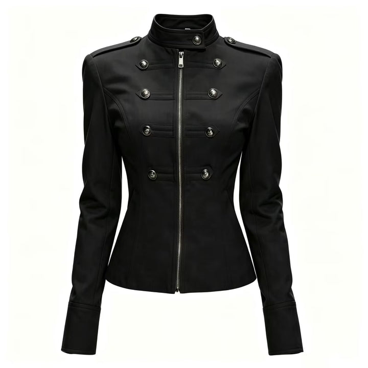 Damen Taillierte Military‑Inspired Jacke mit Stehkragen, Zierknopfreihe und Reißverschluss Drune