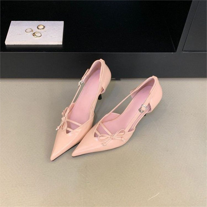 Damen Elegante spitz zulaufende Slingback-Ballerinas mit verstellbarem Knöchelriemen, V‑Ausschnitt und zierlicher Schleife Drune