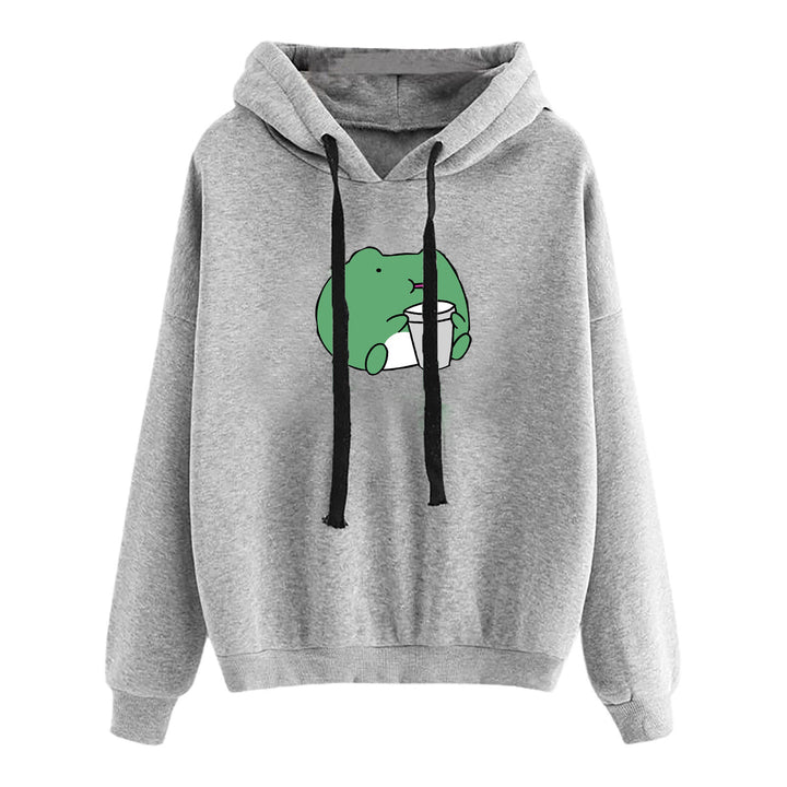 Damen nan kurz geschnittener Cropped-Kapuzenpullover mit niedlicher Frosch-Illustration und verstellbarer Kapuze Drune