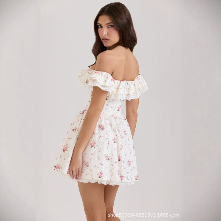 Damen romantisches Blumenkleid mit Rüschendetails Drune
