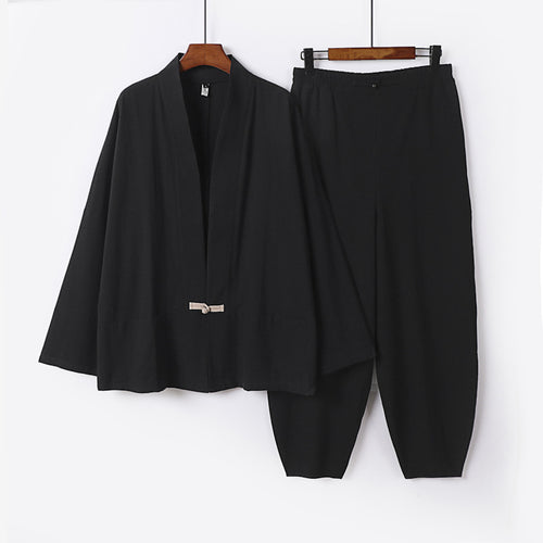 Herren Zen-Relax-Set mit offener Kimono-Jacke, dekorativem Knebelverschluss und tapered Harem-Joggpants Drune