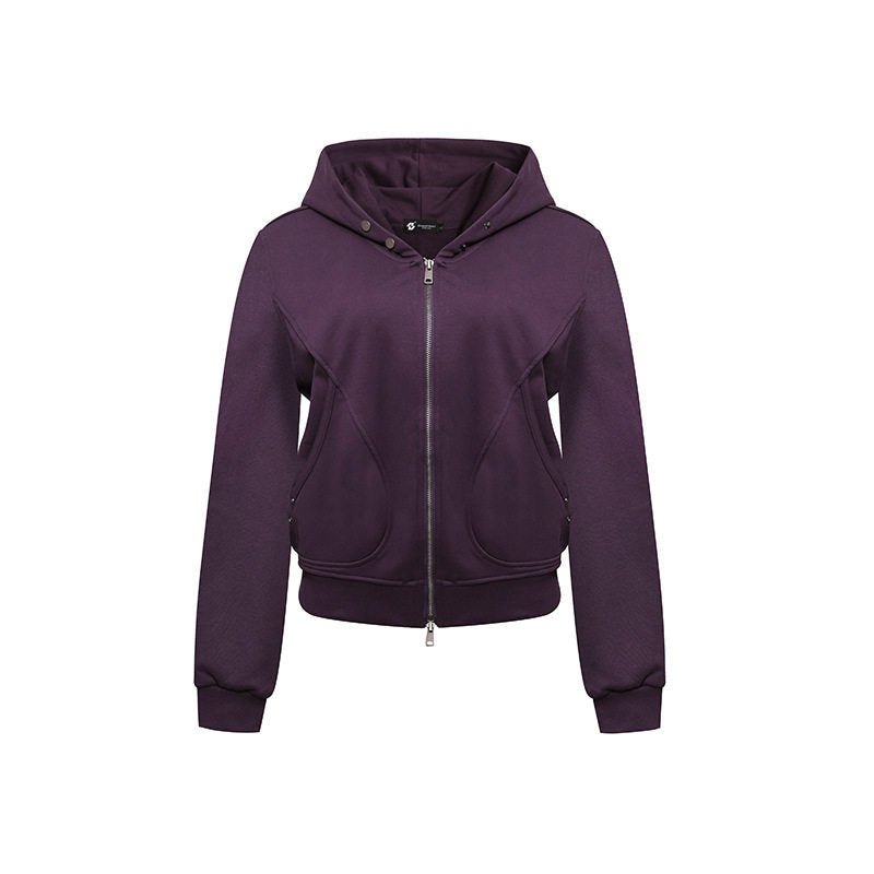 Damen Kurze taillierte Kapuzen-Sweatjacke mit Zwei-Wege-Reißverschluss und Eingrifftaschen Drune