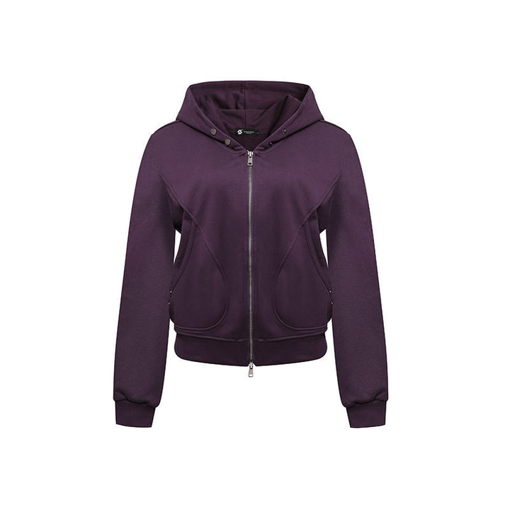 Damen Kurze taillierte Kapuzen-Sweatjacke mit Zwei-Wege-Reißverschluss und Eingrifftaschen Drune