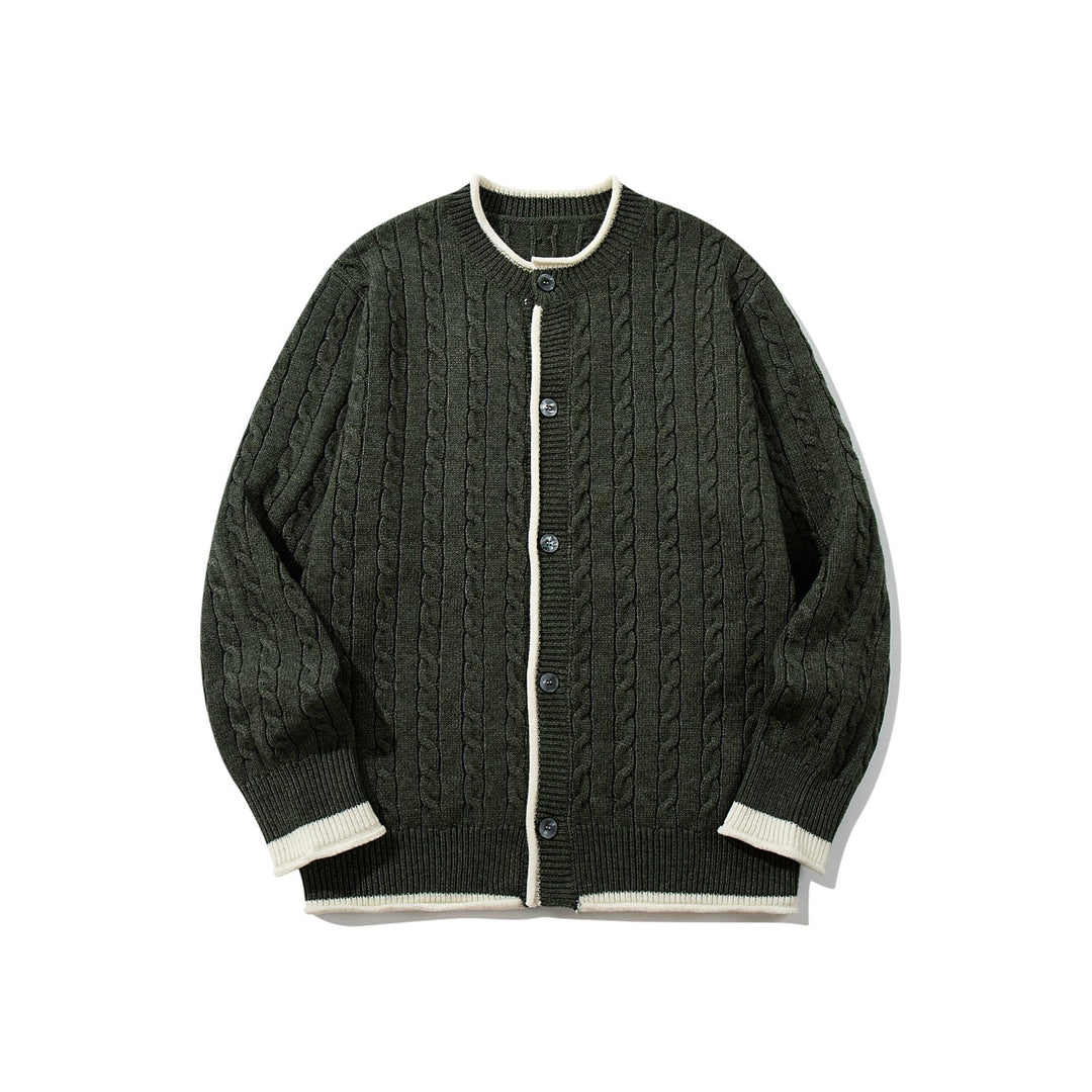 Unisex Kabelstrick-Cardigan mit Rundhals, kontrastierten Bündchen und durchgehender Knopfleiste Drune